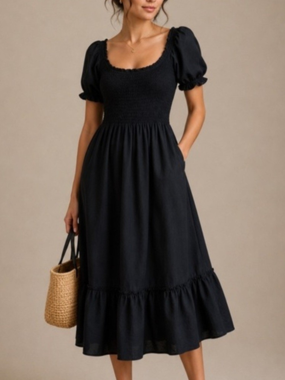 Hill House Black Smocked Puff-Sleeve Midi Dress Large